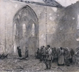 Prussia orientale dopo i "giorni del terrore" russi. Il primo servizio nella chiesa devastata di Luck, illustrazione da Hindenburg pubblicata da Daterlandischer Derlag C U Weller Berlino, 1922